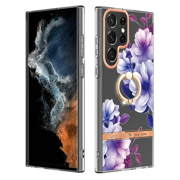 For Samsung Galaxy S23 Ultra Floral Case with Ring Holder Kickstand - Slim and Lightweight, Military-Grade Shockproof Protection, Women & Girls' Style Case Designed for Galaxy S23 Ultra, Purple Flower