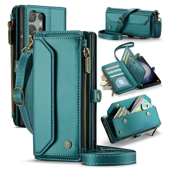 for Samsung Galaxy S23 Ultra Full Body Protection Wallet Folio Flip Case, Shoulder Strap & Wristlet Card Slots Zipper Pocket RFID Blocking Rugged Durable PU Leather Phone Case Cover, Green