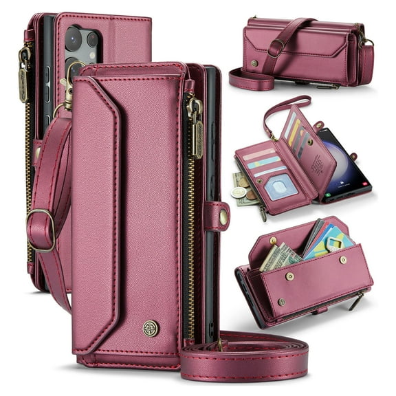for Samsung Galaxy S23 Ultra Full Body Protection Wallet Folio Flip Case, Shoulder Strap & Wristlet Card Slots Zipper Pocket RFID Blocking Rugged Durable PU Leather Phone Case Cover, Winered