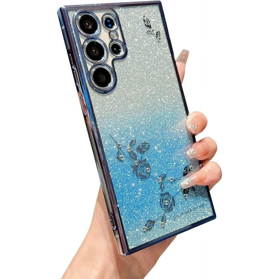 for Samsung Galaxy S23 Ultra Glitter Clear Case for Women Girls Cute Flower Bling Sparkle Luxury Plating Full Lens Camera Protection Phone Cover for S23 Ultra 5g 6.8" 2023 (Sierra Blue)