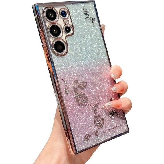 for Samsung Galaxy S23 Ultra Glitter Clear Case for Women Girls Cute Flower Bling Sparkle Luxury Plating Full Lens Camera Protection Phone Cover for S23 Ultra 5g 6.8" 2023 (Pink)