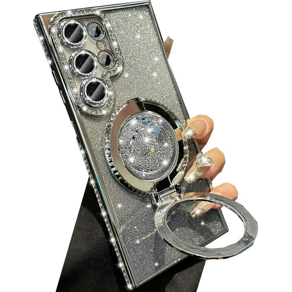 for Samsung Galaxy S23 Ultra Glitter Kickstand Case, Luxury Bling Sparkly Diamond Rhinestone with Camera Protector Liquid Ring Stand Women Girls Clear Phone Case for Galaxy S23 Ultra (Silver)