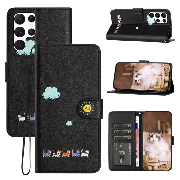 for Samsung Galaxy S23 Ultra Lovely Cartoon Pattern Wallet Flip PU Leather Case, with Wrist Strap / Credit Card Slots / Photo Slot / Cash Pocket Kickstand Cute Phone Cover for Galaxy S23 Ultra, Black