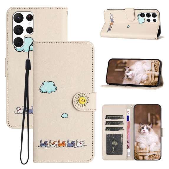 for Samsung Galaxy S23 Ultra Lovely Cartoon Pattern Wallet Flip PU Leather Case, with Wrist Strap / Credit Card Slots / Photo Slot / Cash Pocket Kickstand Cute Phone Cover for Galaxy S23 Ultra, Beige