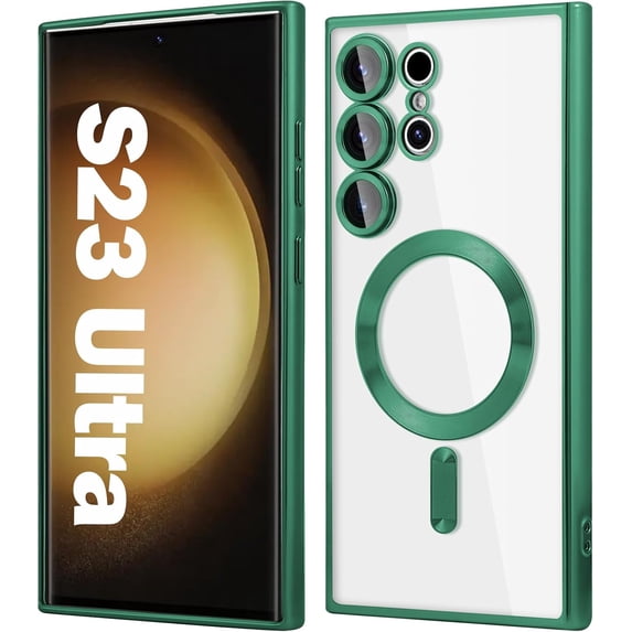 for Samsung Galaxy S23 Ultra Magnetic Case, Compatible with MagSafe, Built-in Camera Lens Protector, Luxury Plating Soft TPU Clear Shockproof Slim Thin Cover 6.8 inch, Green