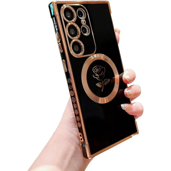 for Samsung Galaxy S23 Ultra Magnetic Case Compatible with MagSafe Cute Rose Flower Case Luxury Plating Camera Lens Cover Shockproof Soft Bumper S23 Ultra Case 6.8" for Women Men (Black)