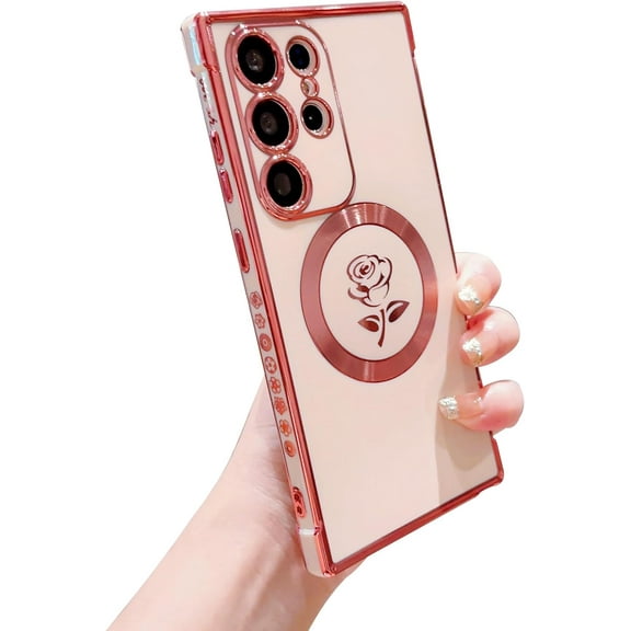 for Samsung Galaxy S23 Ultra Magnetic Case Compatible with MagSafe Cute Rose Flower Case Luxury Plating Camera Lens Cover Shockproof Soft Bumper S23 Ultra Case 6.8" for Women Men (Pink)