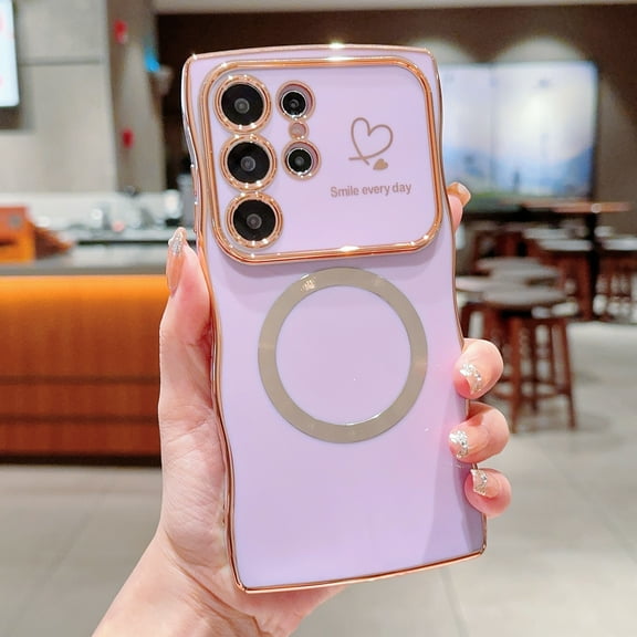 for Samsung Galaxy S23 Ultra Magnetic Case, Cute Curly Wave Shape & Love Heart Pattern Plating Edge Case Compatible With Mag Safe Women Girls Soft TPU Bumper Shockproof Protective Cover,Purple