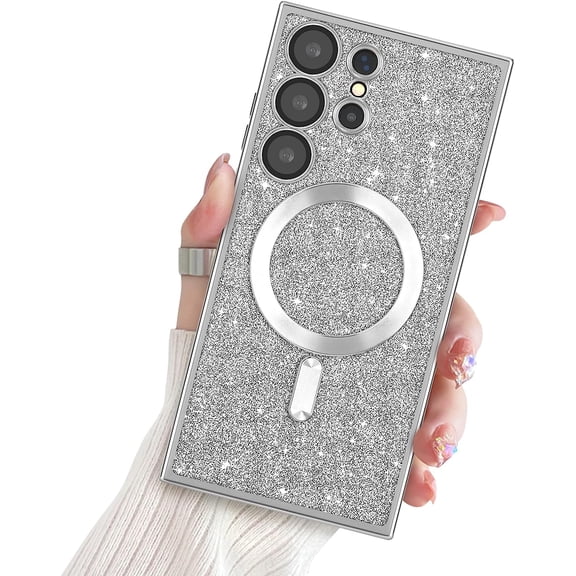 for Samsung Galaxy S23 Ultra Magnetic Case, Sparkle Glitter Case Cover Soft TPU Full Camera Lens Protection Bling Case Anti-Scratch Shockproof Phone Case for Samsung Galaxy S23 Ultra-Silver