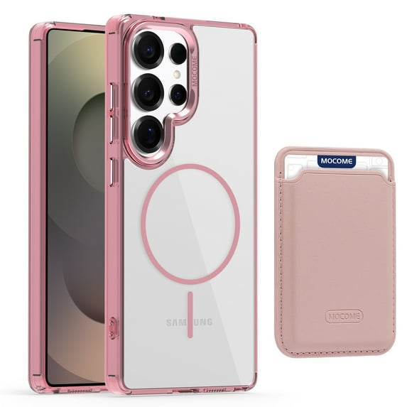 For Samsung Galaxy S23 Ultra Magnetic Clear Phone Case,Magnetic Detachable Card Slots Holder Wallet,Compatible with Mag-safe,Crystal Transparent Shockproof Protective Rugged Phone Case,Pink