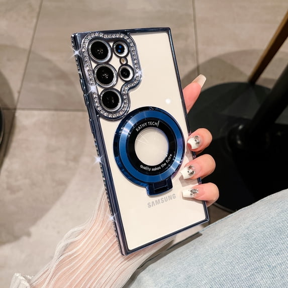 for Samsung Galaxy S23 Ultra Magnetic Glitter Case with Ring Holder Stand, Luxury Bling Rhinestone Clear Phone Case, Compatible with MagSafe and Camera Lens Protection Cover for Women Girls, Blue