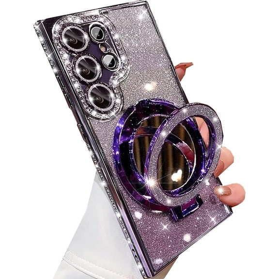 for Samsung Galaxy S23 Ultra Magnetic Kickstand Glitter Case,[Compatible with Magsafe] Bling Sparkly Rhinestone with Camera Protector Makeup Mirror Women Girl Case for Galaxy S23 Ultra,Purple