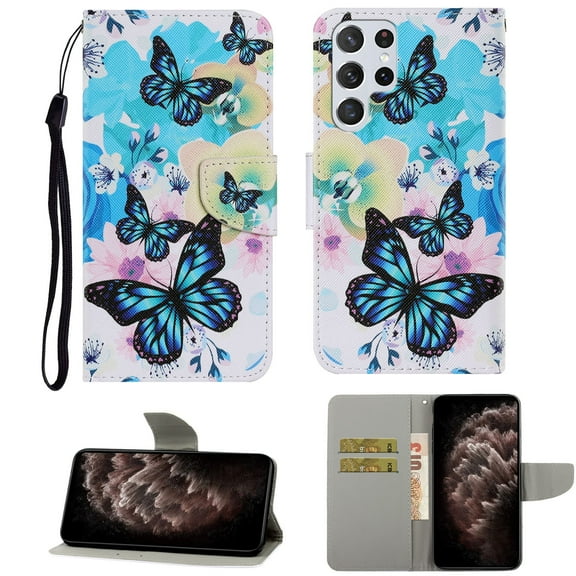 for Samsung Galaxy S23 Ultra Magnetic Wallet Case Card Holder Kickstand, Cute Painted Pattern Premium Leather Cover with Wrist Strap Flip Cover For Samsung Galaxy S23 Ultra, Purple Butterfly