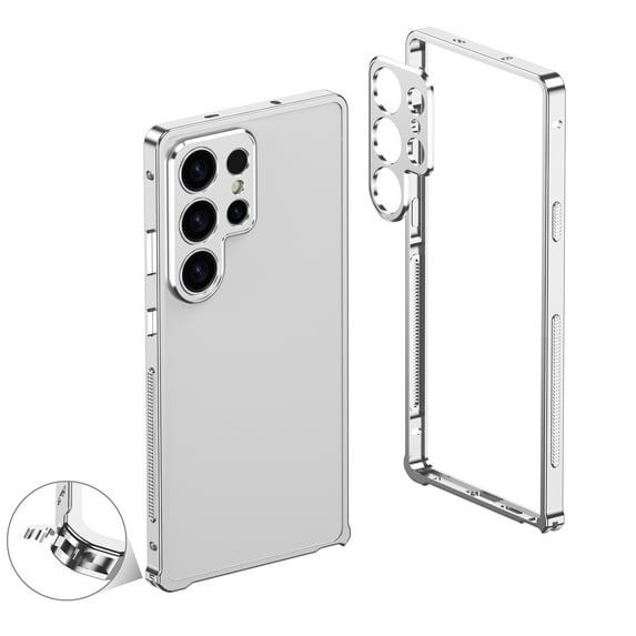 For Samsung Galaxy S23 Ultra Metal Bumper Phone Case,With Lens Protector,Slim Fit No Back No Frame Backless Metal Bumper 4 Corners Shockproof Rugged Heat Dissipation Phone Case,Silver