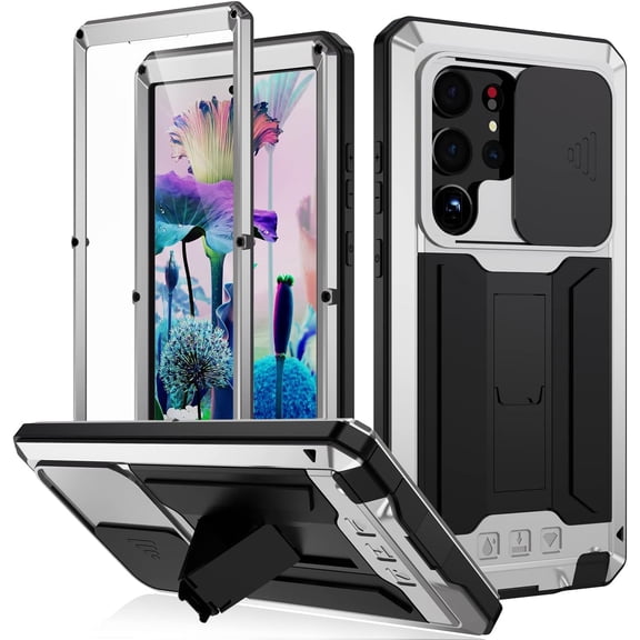 Samsung Galaxy S23 Ultra Metal Case with Slide Camera Cover Built in Screen Protector Full Body Hybrid S23 Ultra Case Metal Kickstand Military Heavy Duty Armor Silicone Case for Man Woman (Sliver)