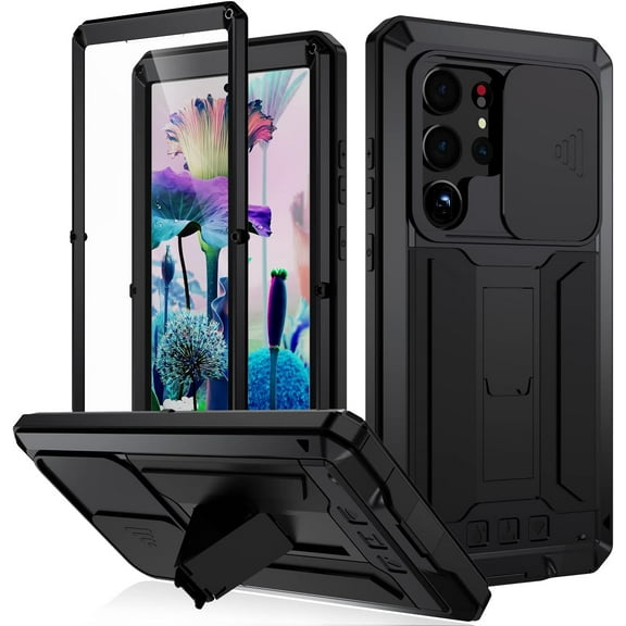 Samsung Galaxy S23 Ultra Metal Case with Slide Camera Cover Built in Screen Protector Full Body Hybrid S23 Ultra Case Metal Kickstand Military Heavy Duty Armor Silicone Case for Man Woman (Black)