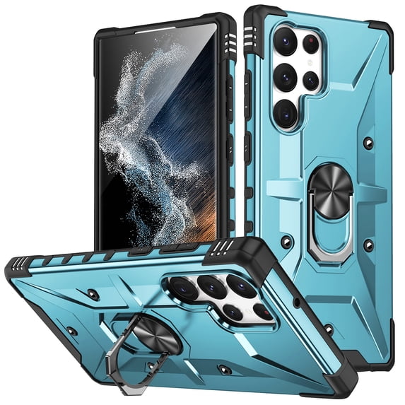 for Samsung Galaxy S23 Ultra Multi-Functional Case, Rugged PC Magnetic Cover Built-in Car Mount & 360° Rotatable Metal Ring Kickstand Military Grade Shockproof Protective Shell, Lightblue