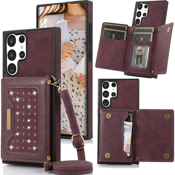 for Samsung Galaxy S23 Ultra (Not S23) Crossbody Wallet Case for Women, Bling Glitter PU Leather Phone Case with RFID Blocking Card Holder Cover for Samsung Galaxy S23 Ultra SZ Red
