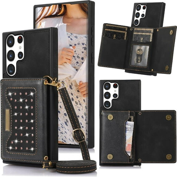 for Samsung Galaxy S23 Ultra (Not S23) Crossbody Wallet Case for Women, Bling Glitter PU Leather Phone Case with RFID Blocking Card Holder Cover for Samsung Galaxy S23 Ultra SZ Black