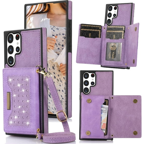 for Samsung Galaxy S23 Ultra (Not S23) Crossbody Wallet Case for Women, Bling Glitter PU Leather Phone Case with RFID Blocking Card Holder Cover for Samsung Galaxy S23 Ultra SZ Purple