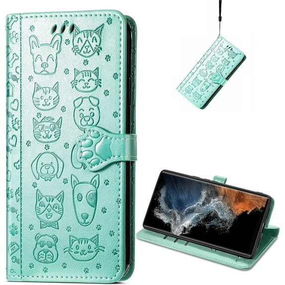 for Samsung Galaxy S23 Ultra (Not S23) PU Leather Flip Wallet Case, Cute Cat Dog Cartoon Style with Card Slots Holder Phone Cover Case for Samsung Galaxy S23 Ultra MG Green