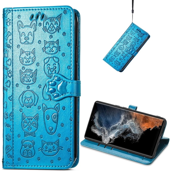 for Samsung Galaxy S23 Ultra (Not S23) PU Leather Flip Wallet Case, Cute Cat Dog Cartoon Style with Card Slots Holder Phone Cover Case for Samsung Galaxy S23 Ultra MG Blue