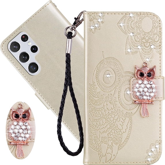 for Samsung Galaxy S23 Ultra (Not S23) Wallet Case for Women, Glitter Bling Diamond PU Leather Folio Cover with Card Slot Wrist Strap Phone Case for Samsung Galaxy S23 Ultra Owl Gold