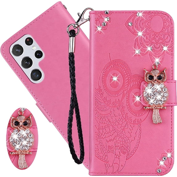 for Samsung Galaxy S23 Ultra (Not S23) Wallet Case for Women, Glitter Bling Diamond PU Leather Folio Cover with Card Slot Wrist Strap Phone Case for Samsung Galaxy S23 Ultra Owl Pink