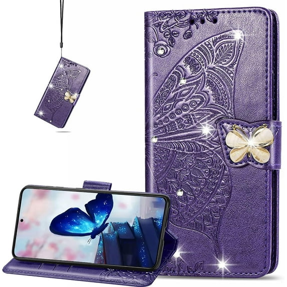 for Samsung Galaxy S23 Ultra (Not S23) Wallet Case for Women, Shiny Butterfly Flower PU Leather Cover with Card Slot Holder Flip Phone Case for Samsung Galaxy S23 Ultra Rhinestone Deep Purple
