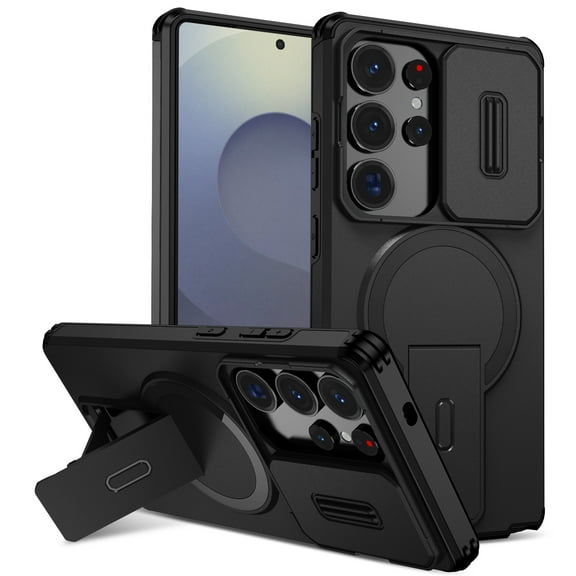 For Samsung Galaxy S23 Ultra Phone Case,Compatible with Wireless Charging,With Invisible Contractile Kickstand,Camera Cover,2-in-1 Hybrid Heavy Duty Shockproof Non-Slip Durable Phone Case,Black