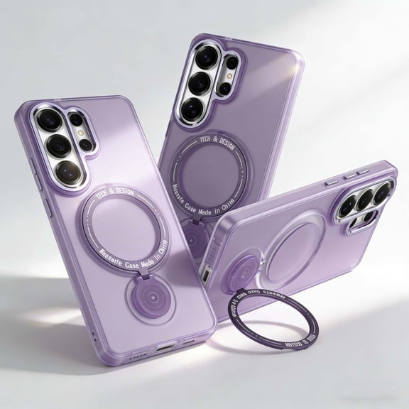 For Samsung Galaxy S23 Ultra Phone Case,With 360° Rotatable Ring Kickstand,Compatible With Mag-Safe,Matte Anti-fingerprinting Translucent Shockproof Anti-fall Drop Protection,Thin Phone Case,Purple