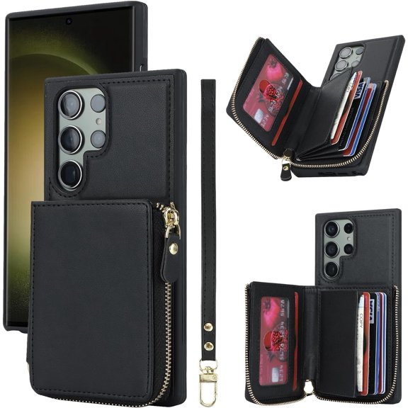 Samsung Galaxy S23 Ultra Phone case Wallet with Zipper Card Holders for Women, Galaxy S23 Ultra Case Wallet with Credit Card with Ring Kickstand Zipper Stand Case for S23Ultra - Black