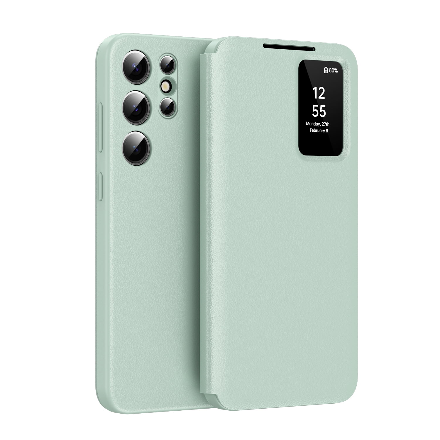 for Samsung Galaxy S23 Ultra Smart Wallet Phone Case, Protective Cover with Smart Small Screen View, Finger Tap Control, Slim Design, Card Holder Pocket, PU Leather Flip Cover, Green