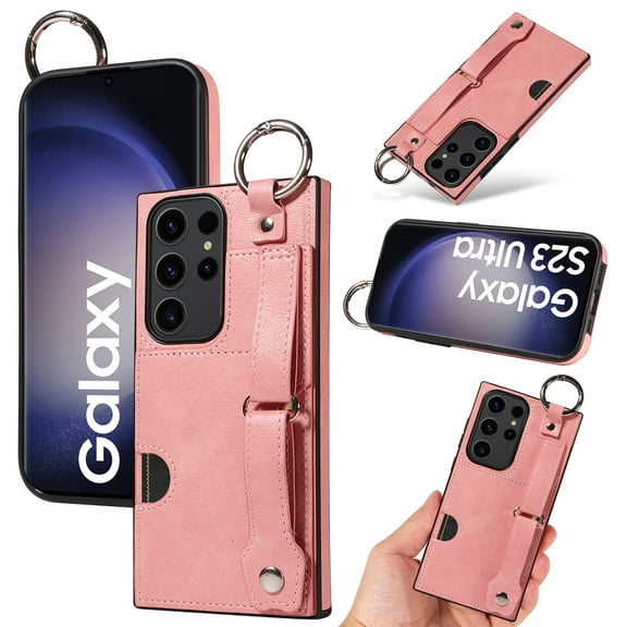 for Samsung Galaxy S23 Ultra Wallet Case with Card Holder, Hand Wrist Strap Loop Holder Kickstand, Finger Grip Ring PU Leather Double Buttons Shockproof Soft TPU Cover for Galaxy S23 Ultra, Pink