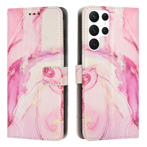 for Samsung Galaxy S23 Ultra Wallet Case with Card Holder,Women Men RFID Blocking PU Leather Flip Cover Wrist Strap Magnetic Closure Credit Card Slots Marble Patterned Book Style Phone Case,Rosegold
