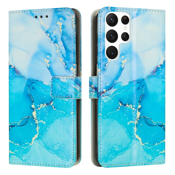 for Samsung Galaxy S23 Ultra Wallet Case with Card Holder,Women Men RFID Blocking PU Leather Flip Cover Wrist Strap Magnetic Closure Credit Card Slots Marble Patterned Book Style Phone Case,Blue