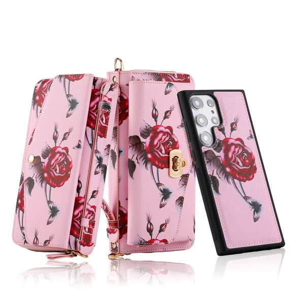 for Samsung Galaxy S23 Ultra Wallet Case - Magnetic Detachable Back Case with RFID Blocking Card Holder, Hand Strap & Crossbody Strap, Floral Flower PU Leather Flip Cover Case for Women Girls, Pink