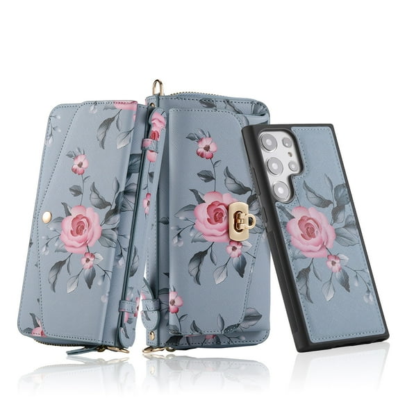 for Samsung Galaxy S23 Ultra Wallet Case - Magnetic Detachable Back Case with RFID Blocking Card Holder, Hand Strap & Crossbody Strap, Floral Flower PU Leather Flip Cover Case for Women Girls, Gray