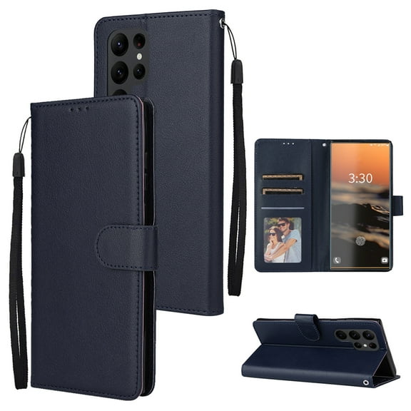 for Samsung Galaxy S23 Ultra Wallet Case, Magnetic Pure Color Flip Premium PU Leather [Kickstand] [Card Slots] [Wrist Strap] [Magnetic] Phone Cover for Samsung S23 Ultra - 6.8", Darkblue
