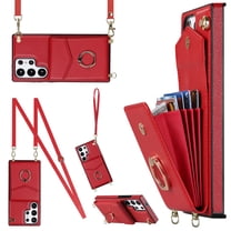 for Samsung Galaxy S23 Ultra Wallet Case with Magnetic RFID Blocking Rotated Ring Holder Kickstand Cover, PU Leather Crossbody Shoulder Strap Lanyard Case with Card Slot Bag Kickstand Case, Red