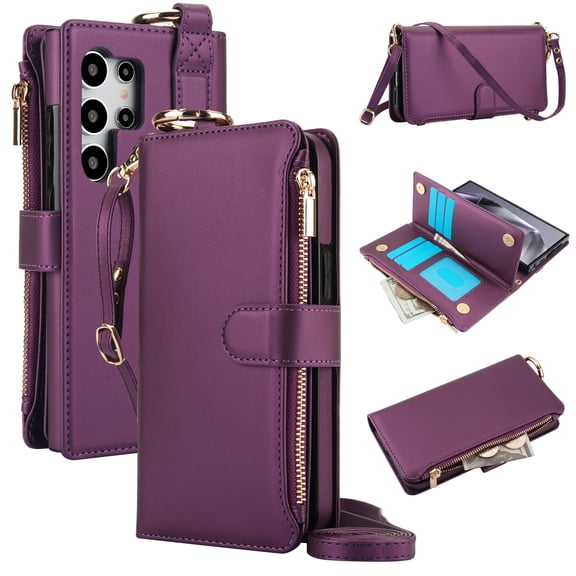 for Samsung Galaxy S23 Ultra Wallet Case, Multi-Functional Zipper Purse Case with Card Holders, RFID Blocking Full Body Case, Shoulder Strap Wristband Crossbody Cover for Galaxy S23 Ultra, Deeppurple