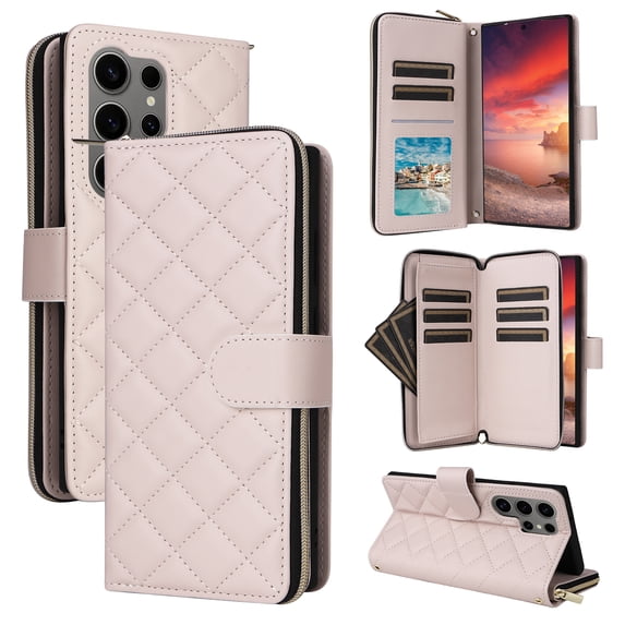 for Samsung Galaxy S23 Ultra Wallet Case, Multi-Functional Zipper Purse Case, with Flip Stand Card Holder PU Leather Phone Cover with Lanyard & Wrist Strap for Samsung Galaxy S23 Ultra, Beige