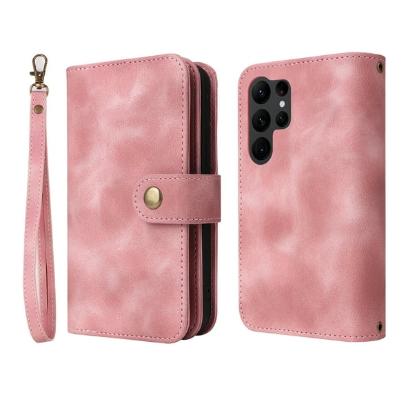 with Samsung Galaxy S23 Ultra Wallet Case, PU Leather Multi-Function Detachable 2 in 1 Zipper Magnetic Cover with Card Holder Kickstand Wirstlet Shoulder Strap Crossbody Phone Case, Rosegold