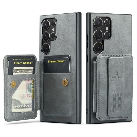 for Samsung Galaxy S23 Ultra Wallet Case with RFID Blocking Credit Card Holder, PU Leather Folio Flip Kickstand Handle Wrist Strap Shockproof Cover Women Men for Samsung S23 Ultra Phone Case,Gray