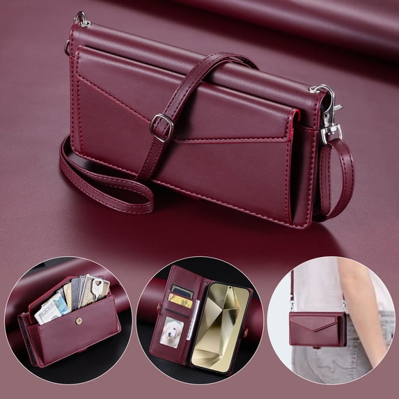 For Samsung Galaxy S23 Ultra Wallet Case, RFID Blocking Crossybody Shoulder Strap Hand Wrist Flip Cover Carsd Holder Snap Closure Protective Phone Case for Samsung Galaxy S23 Ultra, Winered