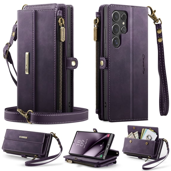 for Samsung Galaxy S23 Ultra Wallet Case with RFID Blocking, Zipper Pocket Kickstand Magnetic Clasp, PU Leather Heavy Duty Cover with Shoulder and Wrist Strap – Rugged Full-Body Protection, Purple