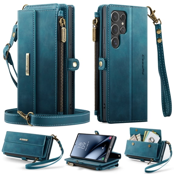 for Samsung Galaxy S23 Ultra Wallet Case with RFID Blocking, Zipper Pocket Kickstand Magnetic Clasp, PU Leather Heavy Duty Cover with Shoulder and Wrist Strap – Rugged Full-Body Protection, Green