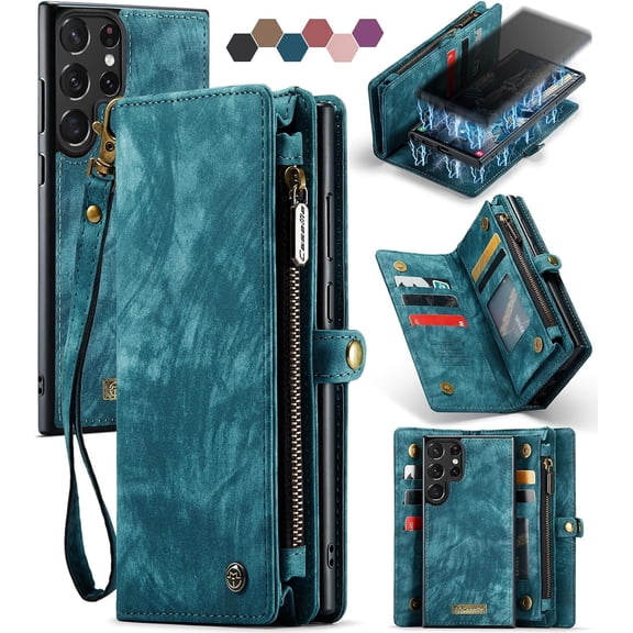 Samsung Galaxy S23 Ultra Wallet Case,Zipper Folio Leather Case Wallet with Card Holder Strap Wristlet Detachable Magnetic Protective Back Case for Samsung Galaxy S23 Ultra 5G 6.8 Inch(Blue)