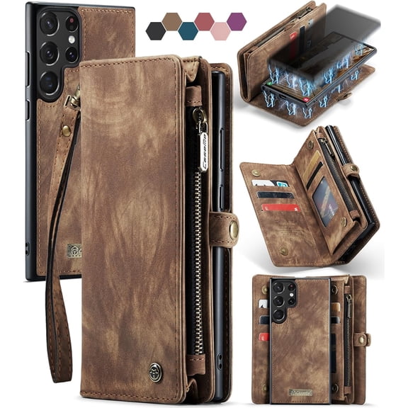 Samsung Galaxy S23 Ultra Wallet Case,Zipper Folio Leather Case Wallet with Card Holder Strap Wristlet Detachable Magnetic Protective Back Case for Samsung Galaxy S23 Ultra 5G 6.8 Inch