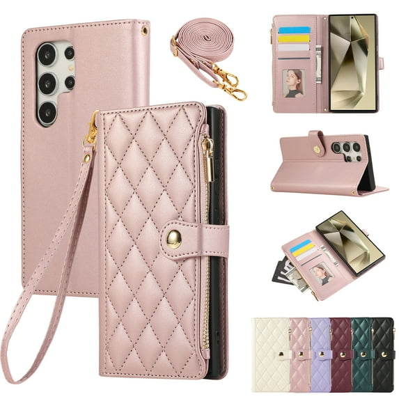 for Samsung Galaxy S23 Ultra Wallet Case with Zipper Pocket Card Holder & Crossbody Lanyard Strap & Wrist Strap, Flip Stand PU Leather Magnetic Folio Purse Case for Galaxy S23 Ultra, Rosegold